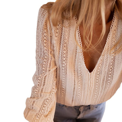 Nouveau haut pour femme à manches longues, col en V, couleur unie